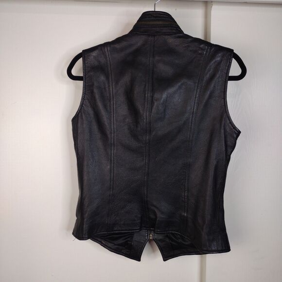 Nordstrom Black Leather Moto Full Zip Vest Zip Pockets Womens Size S Lined Biker - Picture 5 of 8